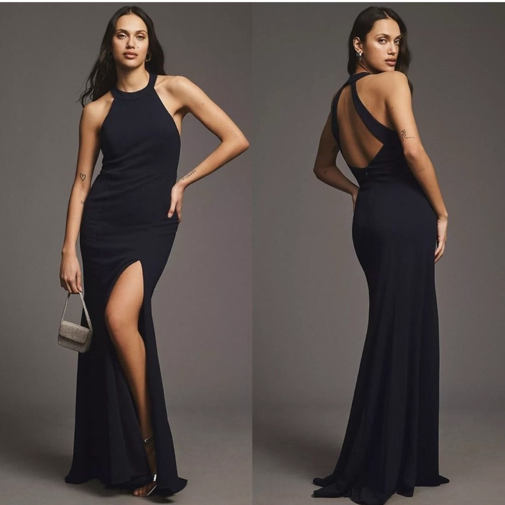 BHLDN Juliana High-Neck Side-Slit Stretch Crepe Maxi Dress